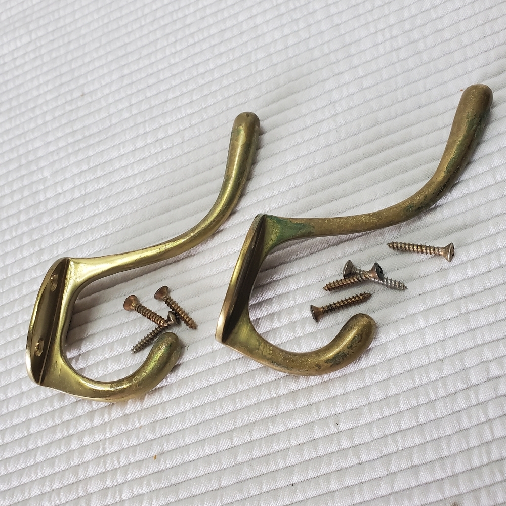 2 Antique Brass Coat Hooks 5" Vintage Clothes Hanging Decor Patina